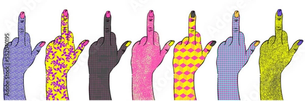 Obraz Vector illustration of colorful hands. Fuck you. Psychedelic set for your design. Strike, protest.
