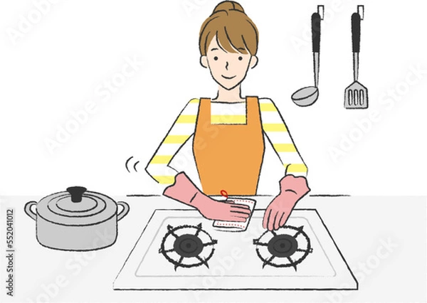 Obraz キッチンでコンロを掃除する女性