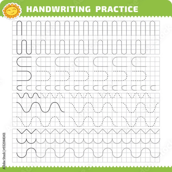 Fototapeta Educational practice list for preschoolers with tracing lines for writing study