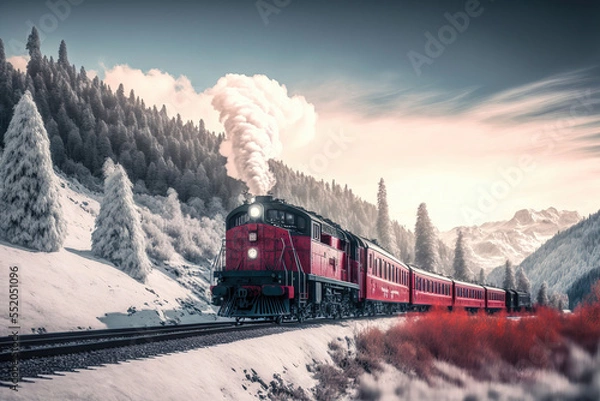 Obraz Generative AI : a red colored train passing through snow-covered Alps in Switzerland	

