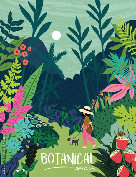 Obraz Botanical garden. Vector illustration of a summer and spring woman walking with dog, landscape, mountains, trees, forest. Drawing of a garden for a poster, background or postcard.