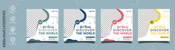 Fototapeta Holiday travel, traveling or summer beach travelling social media post or web banner template design. Tourism business marketing flyer or poster with abstract digital background, logo and icon.