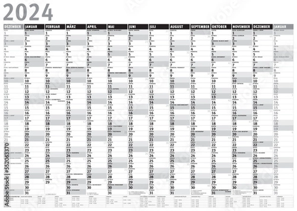 Fototapeta Kalender 2024 (Dezember 2023 bis Januar 2025) mit Ferien s/w