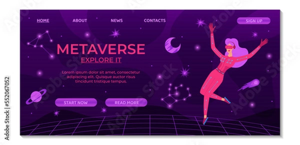 Fototapeta Metaverse digital cyber technology landing page template. Woman in VR glasses and VR suit. Cyberspace travel concept. Innovation network experience, AR gaming. Suitable for banner, ui, website design