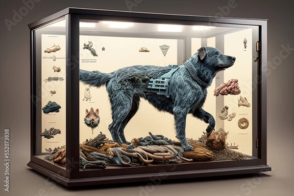 Fototapeta  photorealistic dog in a sci-fi/knolling case - AI Generated