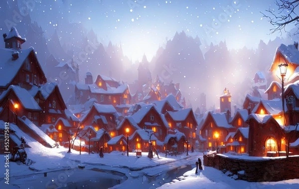Fototapeta Snowy town during christmas in generative AI