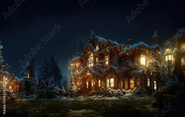 Fototapeta house and trees in the snow at night in generative AI
