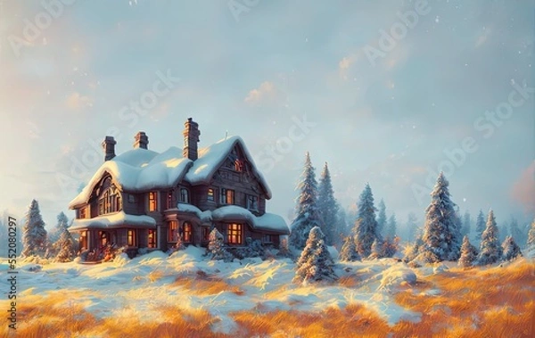 Fototapeta Christmas cottage, trees and mountains in the snow in generative AI