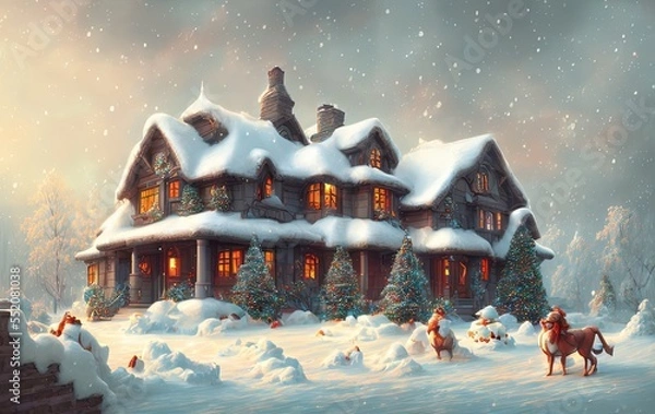 Fototapeta cottage during christmas, trees and mountains in the snow in generative AI