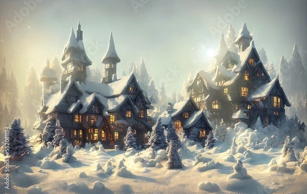 Fototapeta cottage during christmas, trees and mountains in the snow in generative AI