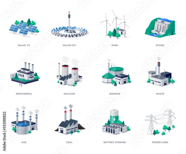 Fototapeta Isolated electric energy power station generation types. Mix of solar, water, fossil, wind, nuclear, coal, gas, biomass, geothermal, battery storage and grid lines. Renewable pollution plant resources