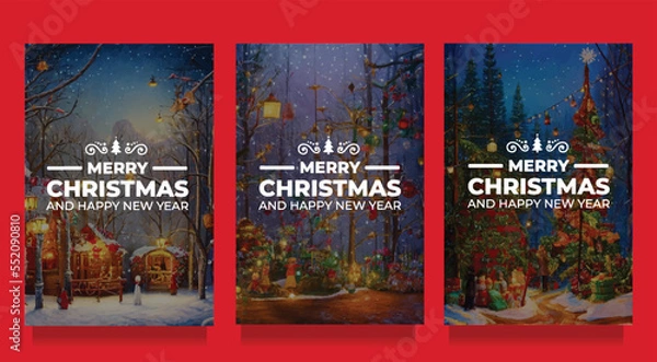 Fototapeta Merry Christmas Greeting Cards Set With Different Illustration