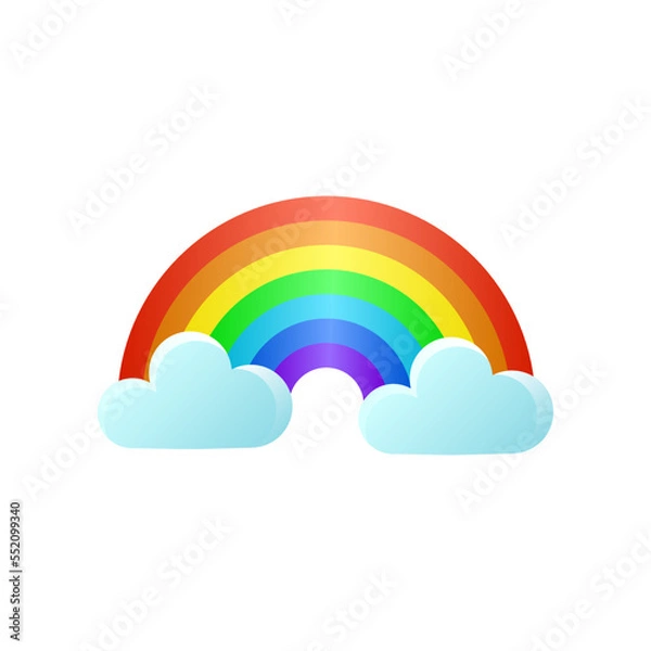 Fototapeta Cute thick rainbow arc with clouds sticker. Vector illustrations of childish colorful arc. Cartoon rainbow arc with clouds in sky isolated on white background. Weather, fairytale concept