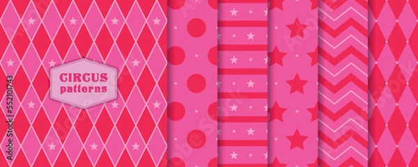 Obraz Set of seamless patterns with stars, stripes, zig zags, rhombuses and circles in pink and red colors. Vector collection