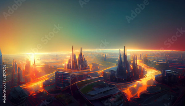 Fototapeta Abstract futuristic city with ultra speed highways, generative ai illustration 