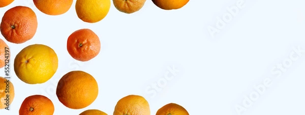 Fototapeta Oranges and tangerines on white background. Top view, flat lay, copy space, banner. Autumnal first fruits and seasonal concept.