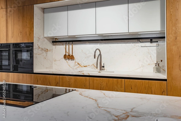 Obraz Kitchen set with white marble and black elements