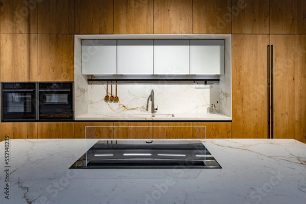 Obraz Kitchen set with white marble and black elements