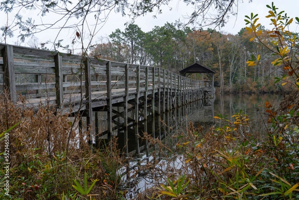 Fototapeta Wooden bridge over a lake, from the side