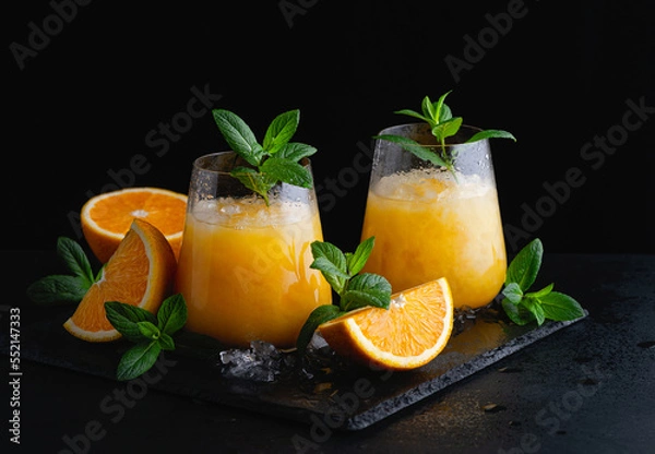 Fototapeta Cold summer orange lemonade with mint and ice in a glass. Copy Space for text