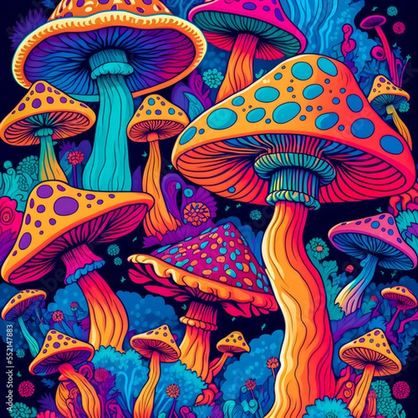 Obraz Psychedelic mushrooms, limited colors, pattern Generative AI