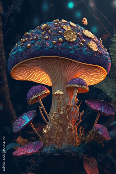Fototapeta Mushroom in Jungle metallic-punk style. Generative Ai.