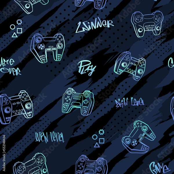 Fototapeta Abstract seamless pattern with gamepads on endless dark Grunge background with digital geometric elements end dots. Grunge gaming repeat print for sport textile, fashion clothes, wrapping paper.