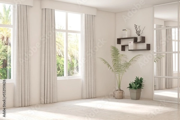 Fototapeta White empty room with summer landscape in window. Scandinavian interior design. 3D illustration