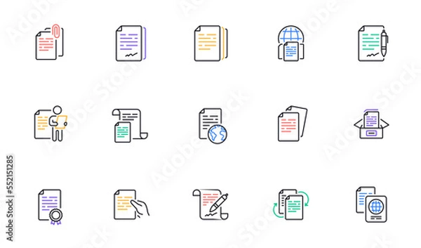 Fototapeta Documents line icons set. Copy files, Contract agreement, Passport. CV interview, documents workflow, attachment clip icons. Change files, bureaucracy and contract signature. Vector