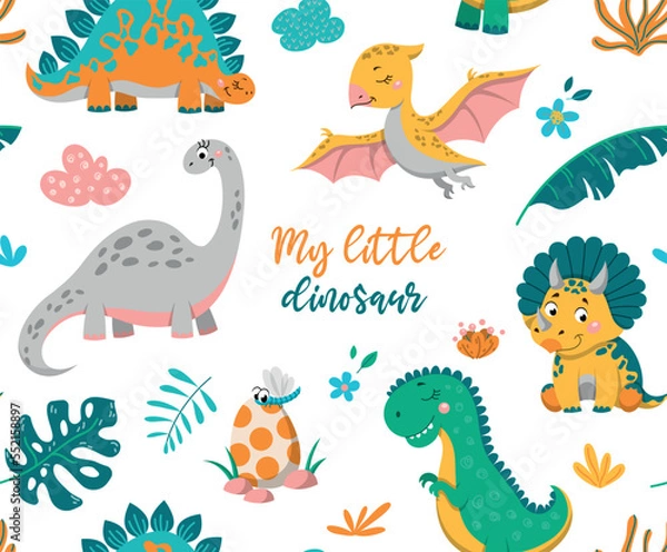 Fototapeta Dinosaurs seamless pattern. Repeating design element for printing on fabric. Animals BC and wild life. Charming characters, nature and fauna. Poster or banner. Cartoon flat vector illustration