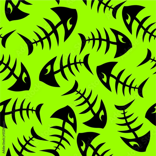 Fototapeta bright seamless pattern of black graphic fish skeletons on a green background, texture, design