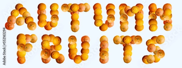 Fototapeta Text made of oranges, mandarines and tangerines. Slogan concept. Seasonal first fruits. Top view, flat lay, copy space, banner.
