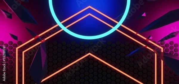 Fototapeta 3d illustration rendering, gaming gamer background abstract wallpaper, cyberpunk style metaverse scifi game, neon glow of stage scene pedestal room