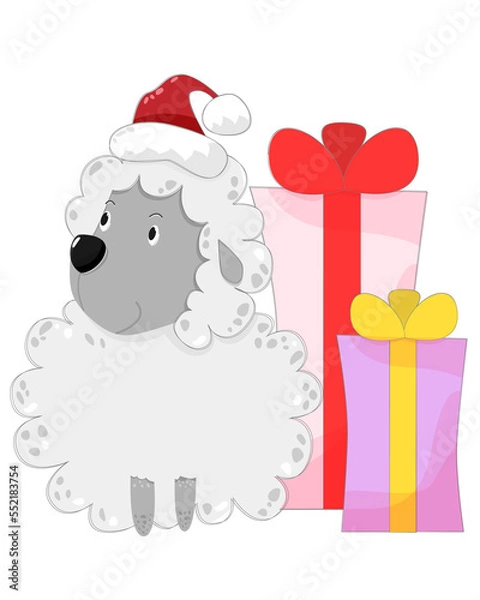 Obraz Cute sheep in hat with christmas gift. Vector illustration