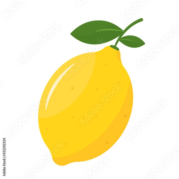 Fototapeta Lemon vector illustration. One fresh lemon. Citrus fruit. Colorful lemon with green leafs. Juicy lemon from nature. Cute and simple flat design object. Tropical freshness.