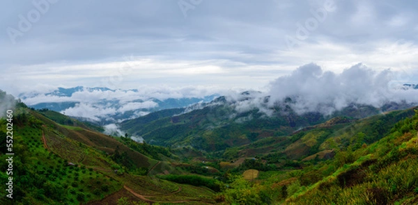 Fototapeta Panorama The high mountainscape is covered with mist and sunshine in the morning at the borderline between Thailand and Burma at Doi Chang , Chiang Rai, Thailand.