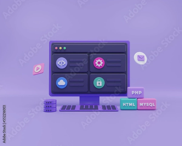 Obraz 3D Render web development, software development, web design, coding and programming. 3d illustration