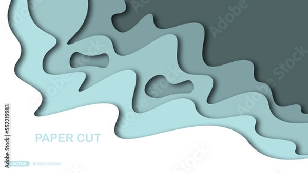 Fototapeta Paper cut background with wavy layers in cyan. Abstract design for brochure, flyer, magazine, business card, branding, banner, header, book cover, notebook vector background