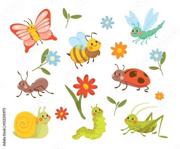 Fototapeta Insects and flowers set. Collection of graphic elements for website. Plants, caterpillar and butterfly, ladybug. Nature and spring. Cartoon flat vector illustrations isolated on white background