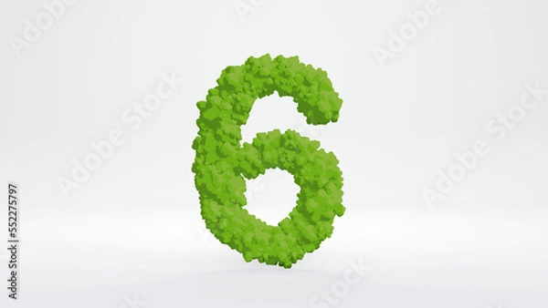 Fototapeta 3D illustration of number six. Cute green bush style, isolated on white background with clipping path. 