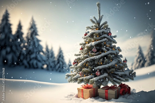 Fototapeta A beautiful christmas tree at a snow background