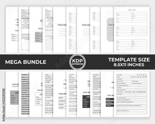 Fototapeta KDP Interior Bundle Address Book, Hiking Logbook, Bird Watching Logbook Unique Design Template