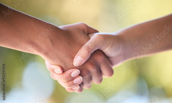Fototapeta Handshake, support and hands for support in sports, fitness and exercise in outdoor park. Teamwork, collaboration and women shaking hands for friendship, thank you and community in sport training