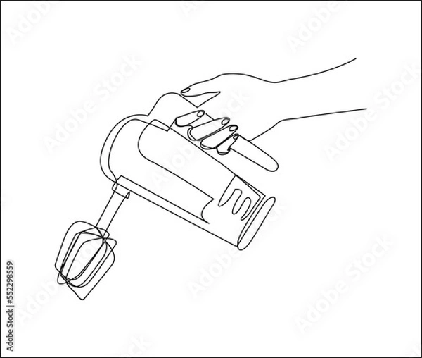 Fototapeta Continuous one line drawing of hand holding kitchen mixer. Electric kitchen mixer line art vector design.