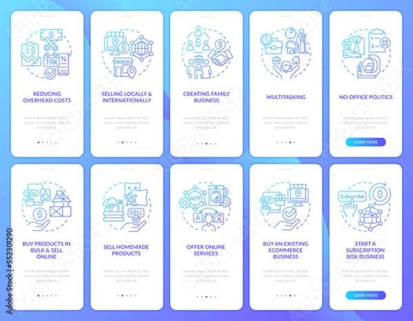 Obraz Earning money from home blue gradient onboarding mobile app screen set. Walkthrough 5 steps graphic instructions with linear concepts. UI, UX, GUI template. Myriad Pro-Bold, Regular fonts used