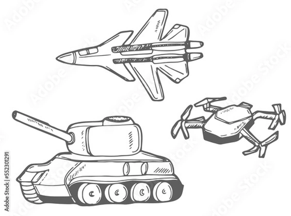 Fototapeta Army weapon elements. Tank, fighter jet and army drone.