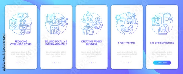 Fototapeta Home business pros blue gradient onboarding mobile app screen. Walkthrough 5 steps editable graphic instructions with linear concepts. UI, UX, GUI template. Myriad Pro-Bold, Regular fonts used