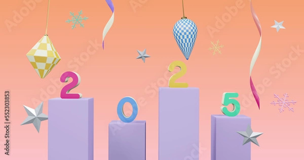 Fototapeta Image of 2025 number over new year and christmas decorations on pink background