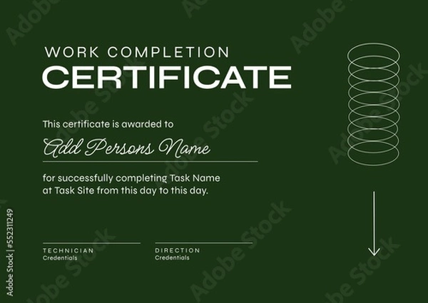 Fototapeta Image of template of work completion certificate on dark green background