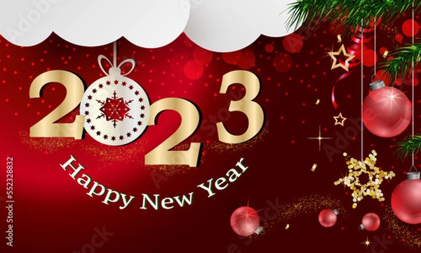 Fototapeta Design background 2023 New Year and Merry Christmas with Christmas balls toys. vector illustration.
